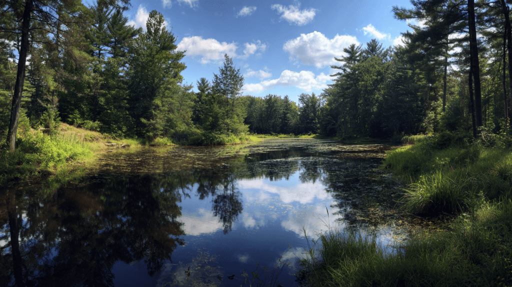 Serene pond reflecting trees and clouds.